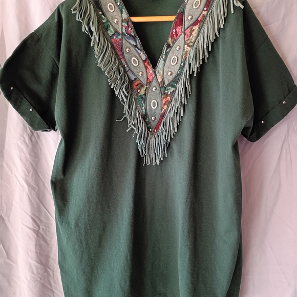 The Original Hang-Ups Deep Green V-Neck Fringe Tunic with Multicolor Embroidery - Picture 2 of 7